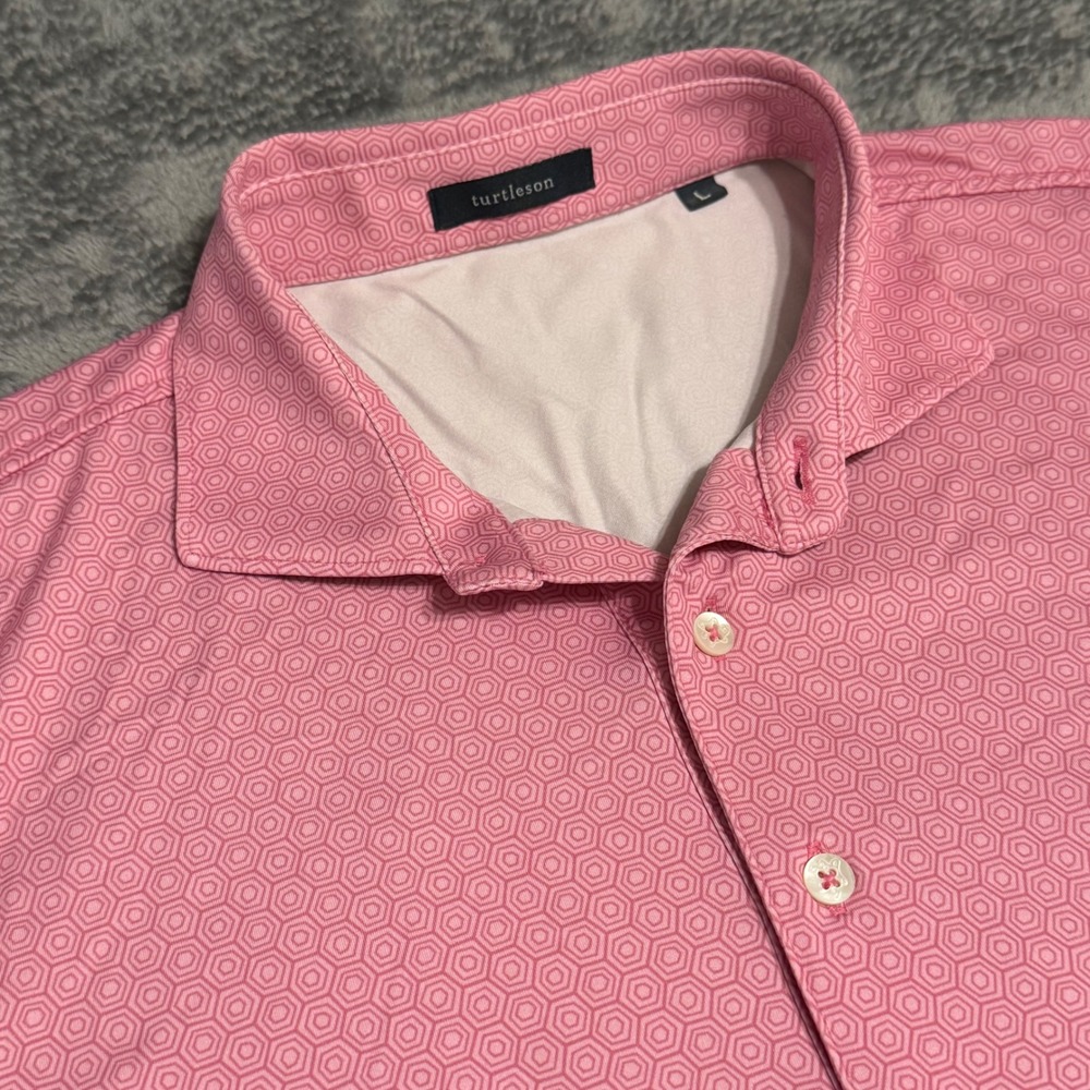 Turtleson Mens Pink Geometric Print Short Sleeve Golf Polo Shirt Size L‎